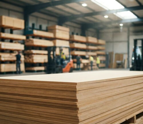 Warehouse with plywood stacked on top of each other on a pallet, a warehouse for finished goods for shipment to customers, the concept of wooden manufacturing