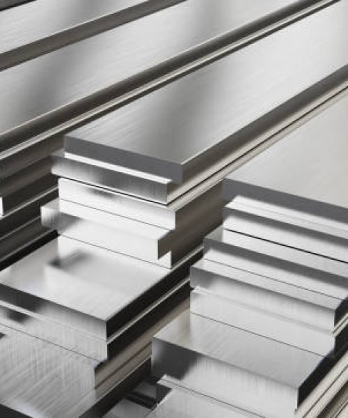 Warehouse of steel plates. Rolled metal products. 3d illustration.